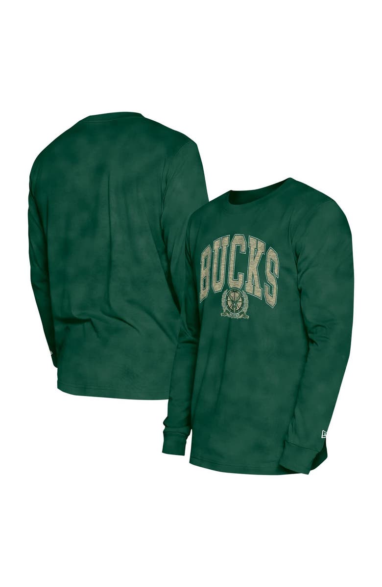 New Era Unisex New Era Hunter Green Milwaukee Bucks Oversized Essentials Enzyme Wash Long Sleeve T-Shirt, Main, color, Hunter Green