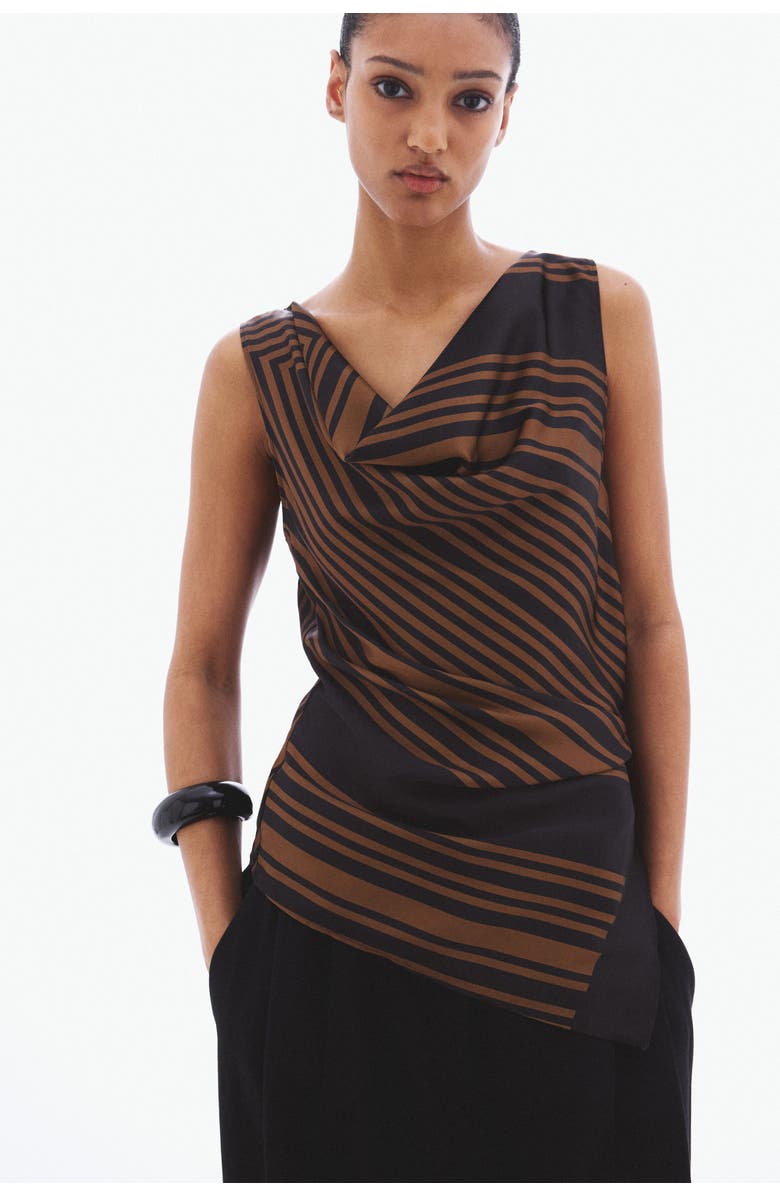 H&M Tie-detail Cowl-neck Top, Alternate, color, Dark Brown/Patterned
