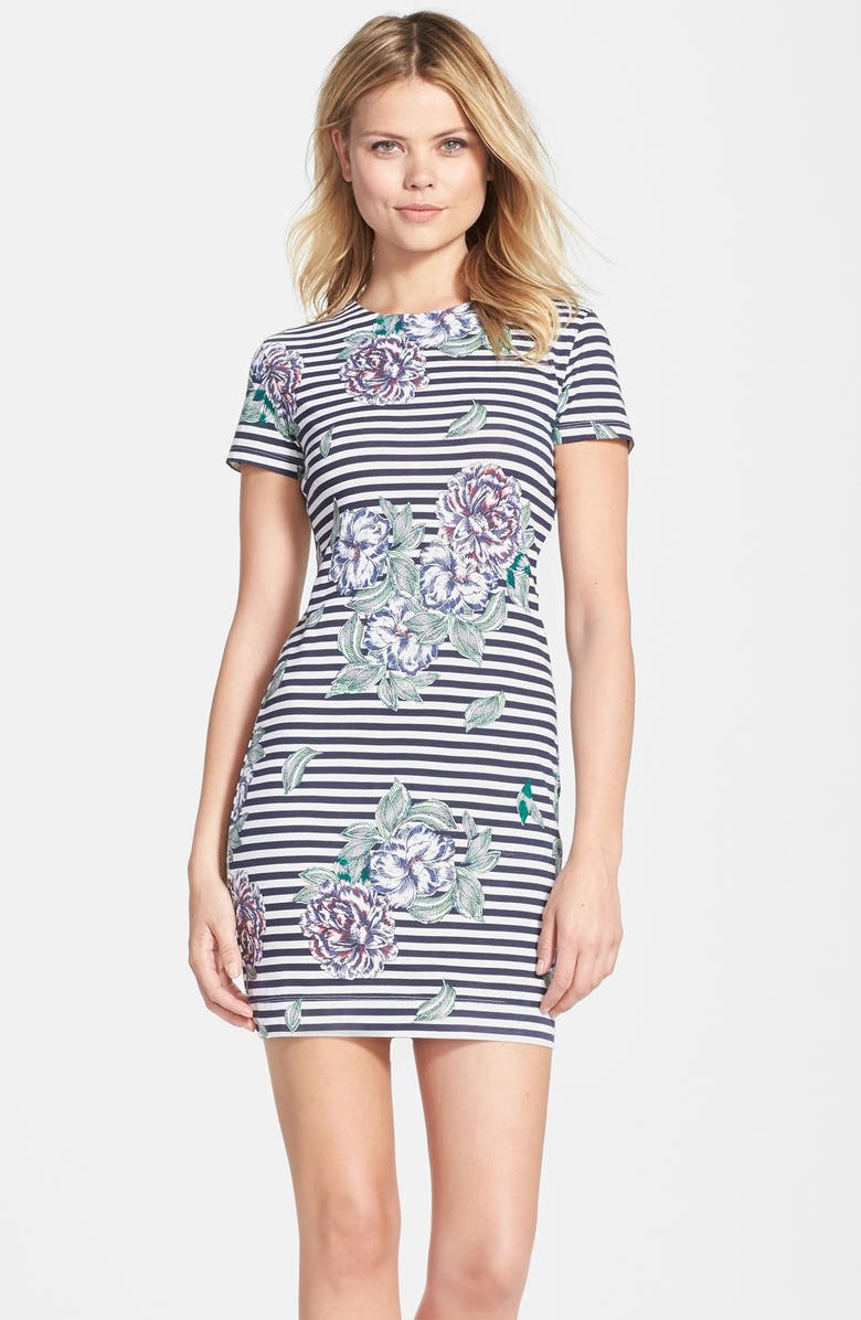 French Connection 'Bonita' Stripe Floral Body-Con Dress, Main, color, Nocturnal Multi