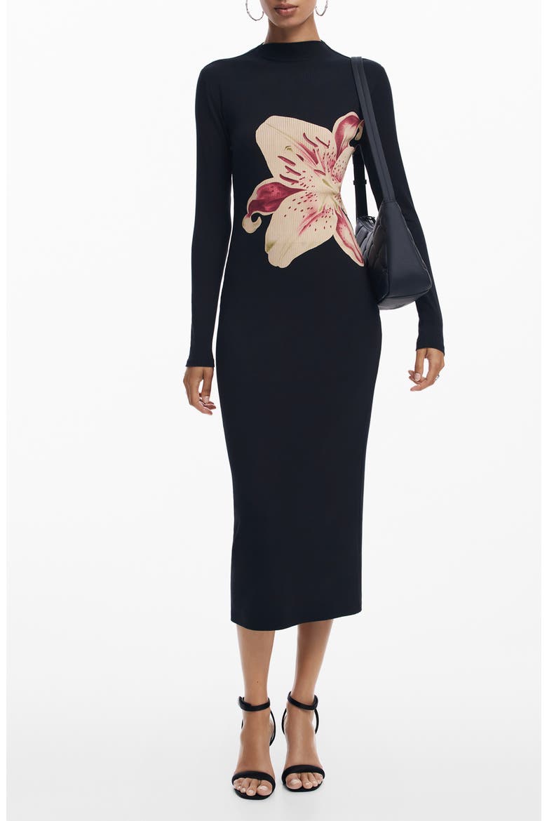 Lilly Print Long Sleeve Rib Midi Sweater Dress, Main, color, BLACK