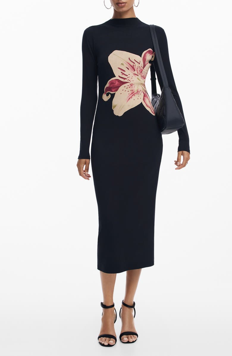 Desigual Lilly Print Long Sleeve Rib Midi Sweater Dress, Main, color, 