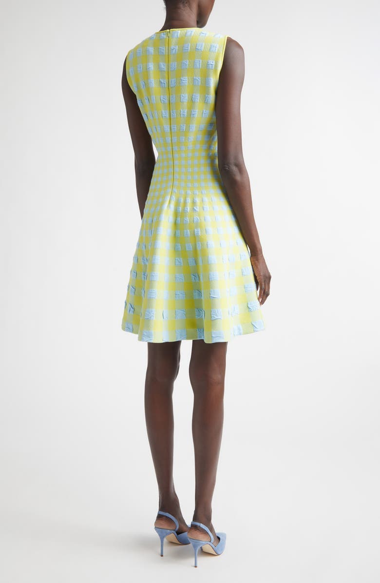 Oscar de la Renta Gingham Check Jacquard Fit & Flare Sweater Dress, Alternate, color, Cerulean/ Pear