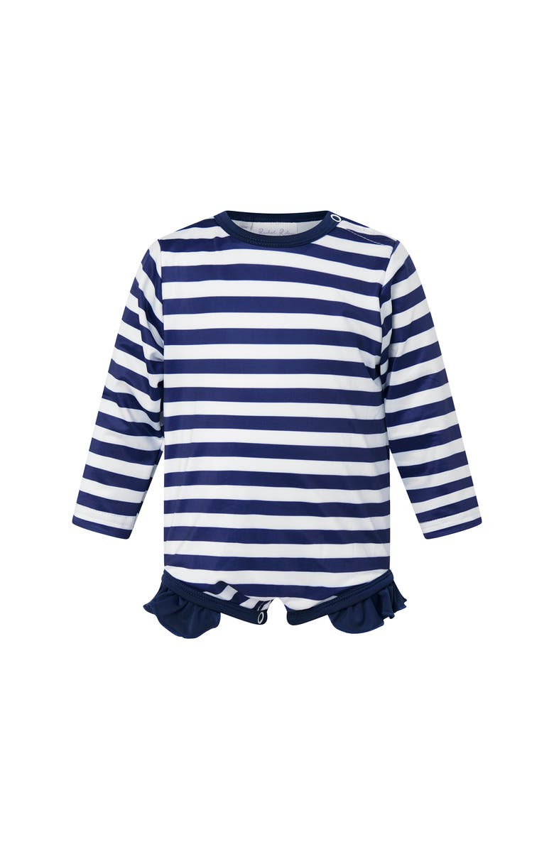Rachel Riley Breton Stripe Frill Rashguard, Main, color, Navy