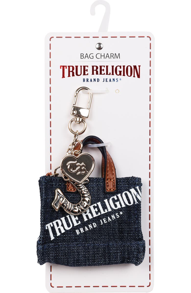 True Religion Mini Denim Tote Bag Charm, Alternate, color, Dark Denim