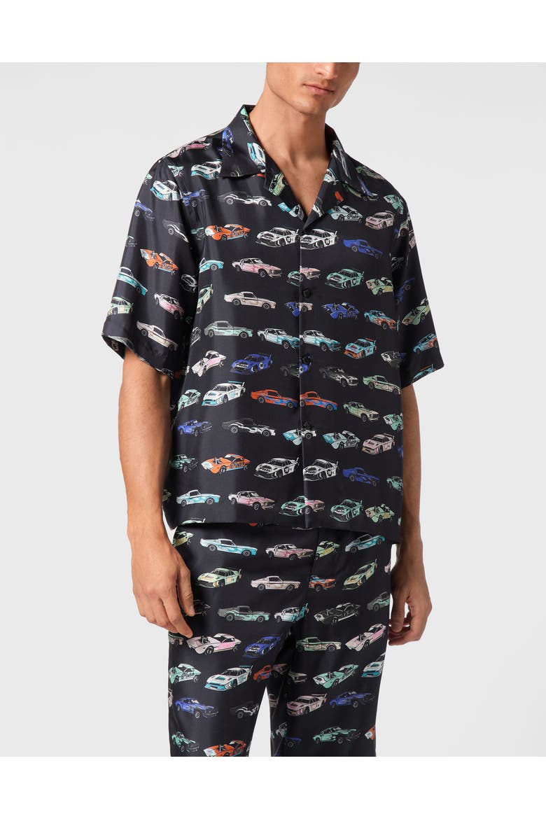 Silk Bowling Shirt Ss Cars Racing Men, Main, color, black/multicolored