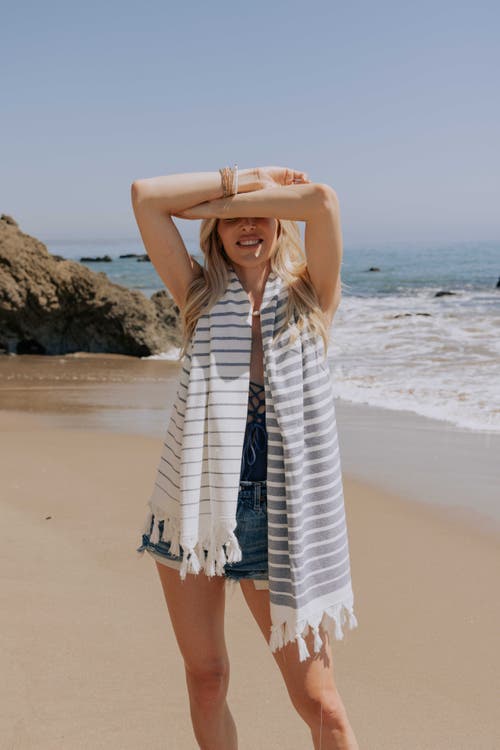 Infusezen Gradient Striped Organic Turkish Towel With Soft Terry Cloth Back In Blue
