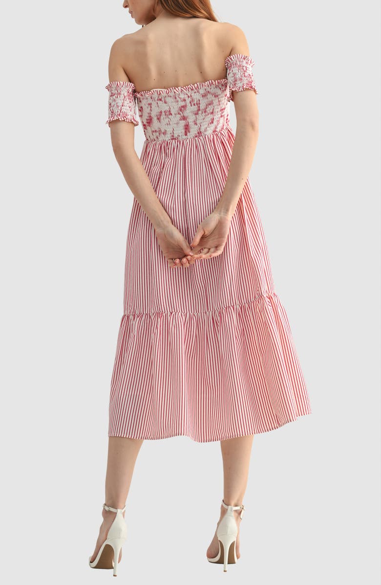All in Favor Smocked Off the Shoulder Midi Dress, Alternate, color, Red Stripe