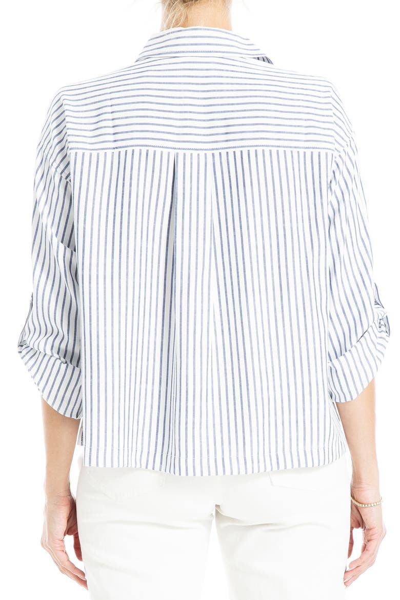 Grid Print Roll Sleeve Popover Shirt, Alternate, color, OFF WHITE/ INDIGO STRIPE