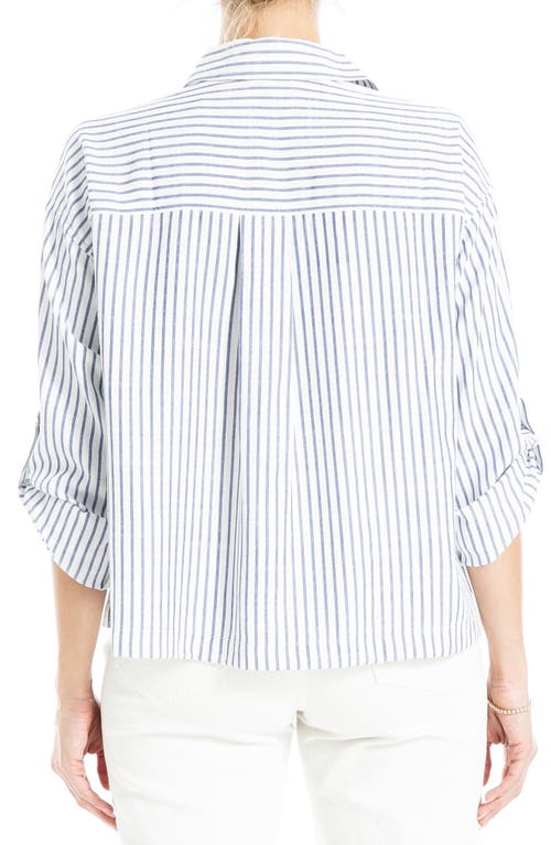 Max Studio Grid Print Roll Sleeve Popover Shirt In White