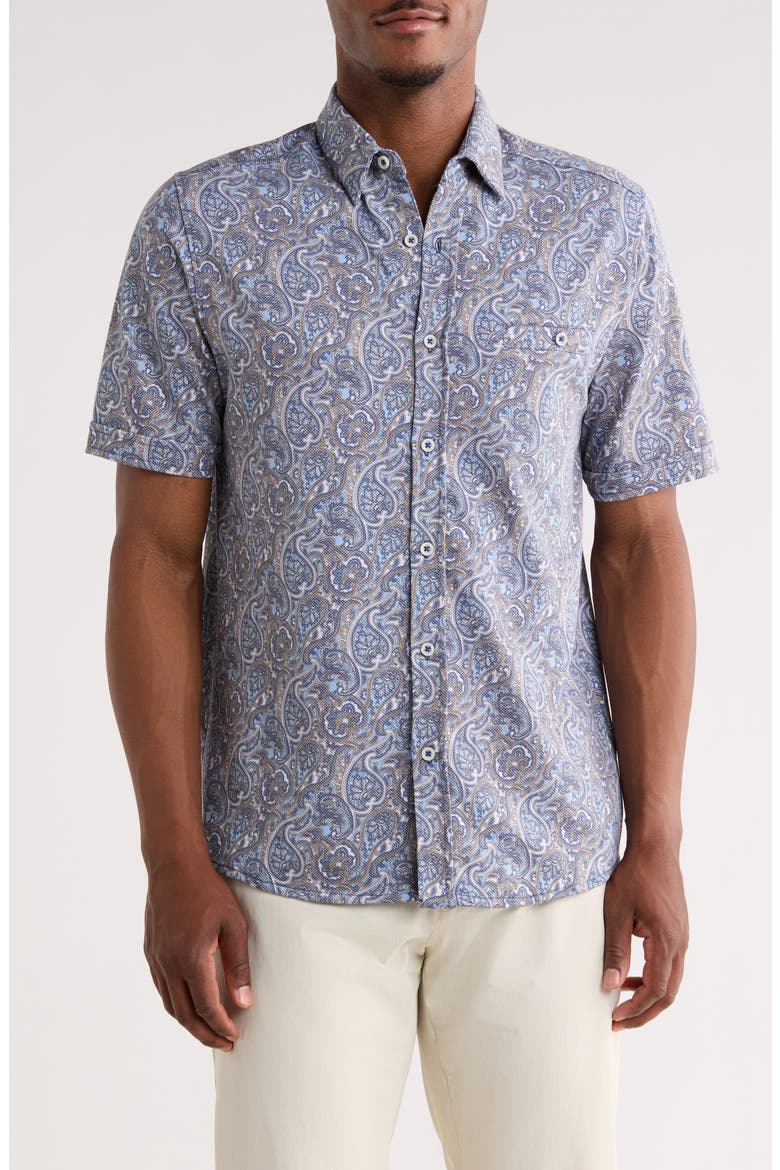 Birdseye Paisley Short Sleeve Button-Up Shirt, Main, color, BLUE