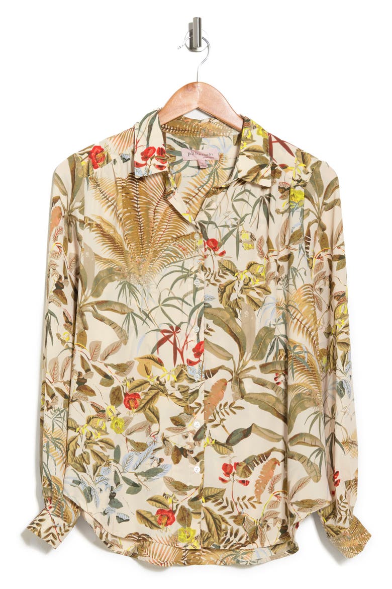 Printed Long Sleeve Button-Up Shirt, Alternate, color, TROPICAL PRINT