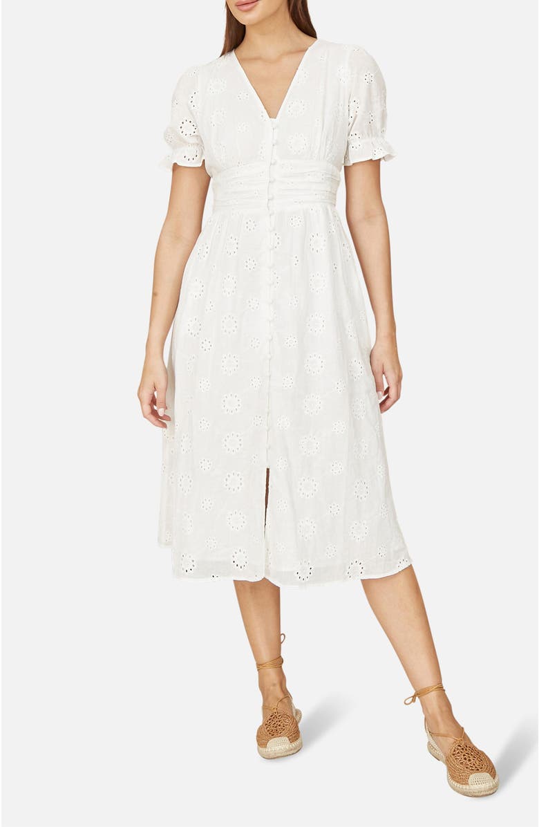 Yumi Broderie Anglaise Midi Button Up Dress, Alternate, color, White