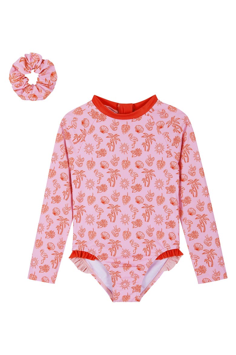 Kids' Long Sleeve One-Piece Rashguard Swimsuit & Scrunchie Set, Main, color, PINK