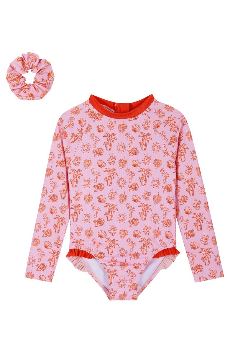 Andy & Evan Kids' Long Sleeve One-Piece Rashguard Swimsuit & Scrunchie Set, Main, color, Pink