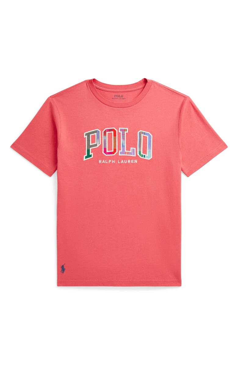 Polo Ralph Lauren Kids' Madras Logo Appliqué T-Shirt, Main, color, Red Sky