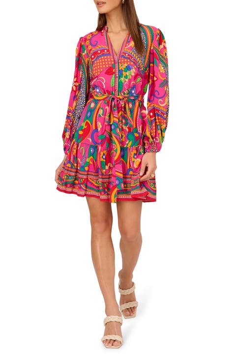 Print Tie Waist Long Sleeve Dress