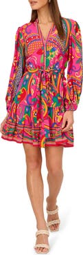 Adrianna Papell Print Tie Waist Long Sleeve Dress