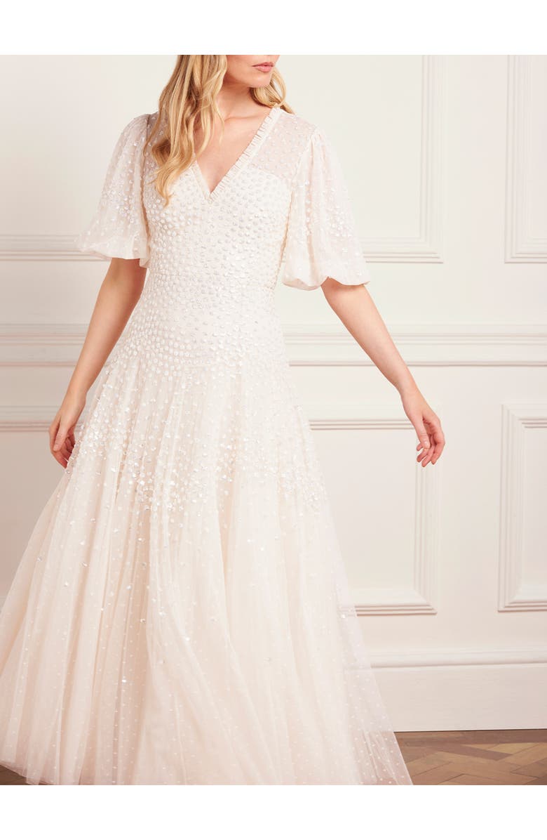 Needle & Thread Scallop Sequin V-neck Ankle Gown, Alternate, color, Cream