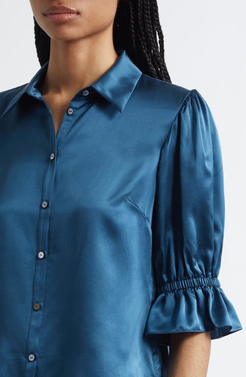 Cinq À Sept Fiona Ruffle Cuff Silk Button-up Shirt In Blue