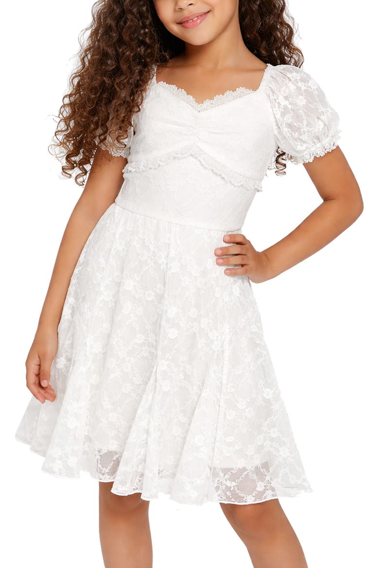 Kids' Puff Sleeve Stretch Lace Party Dress, Alternate, color, WHITE