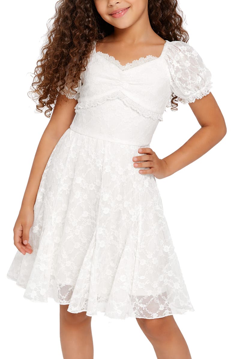 Zunie Kids' Puff Sleeve Stretch Lace Party Dress, Alternate, color, White