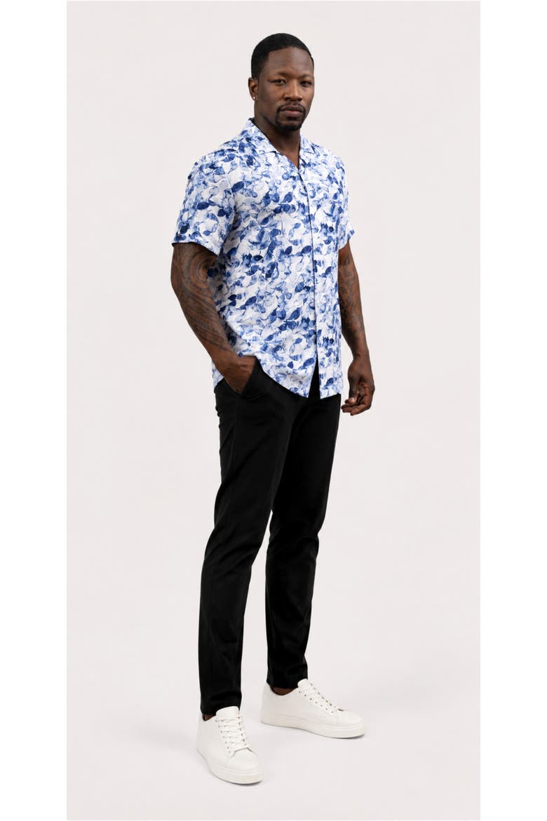 Tropical Print Button-Down Hawaiian Camp Shirt, Alternate, color, Anchorage Indigo