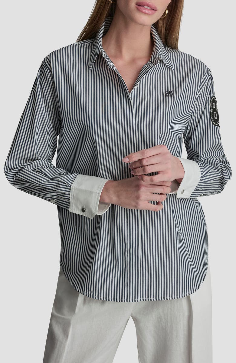 DKNY Stripe Logo Button-Up Shirt, Main, color, Navy/White