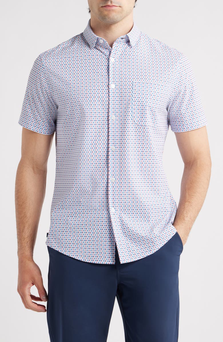 Mizzen+Main Leeward Trim Fit Neat Short Sleeve Button-Up Shirt, Main, color, White Abstract Circle