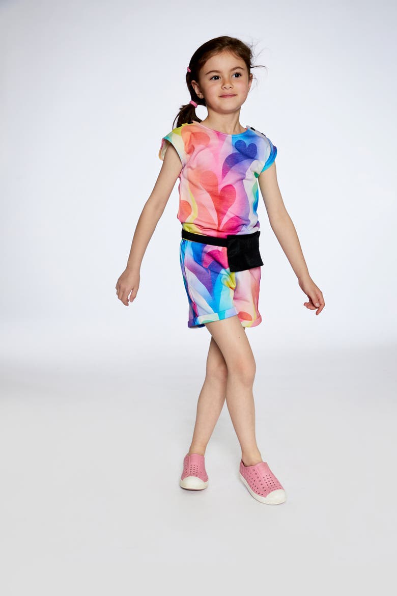 Little Girl's French Terry Romper Printed Rainbow Heart, Alternate, color, Printed Rainbow Heart