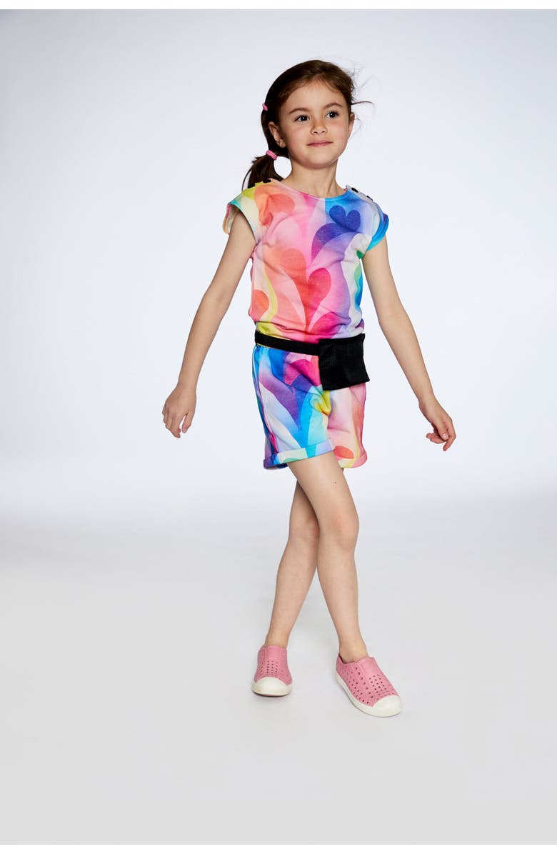 Deux par Deux Little Girl's French Terry Romper Printed Rainbow Heart, Alternate, color, 