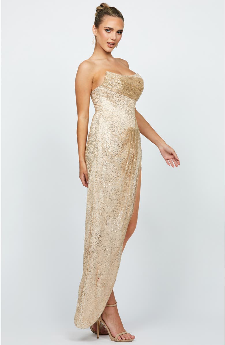 Bariano Scarlette Corset Cut Away Gown, Alternate, color, Gold