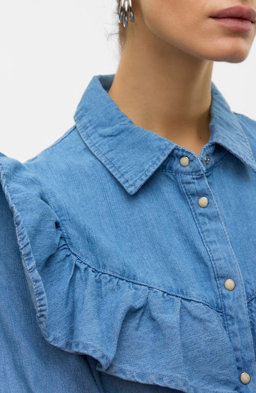 Vero Moda Uli Ruffle Yoke Denim Button-up Shirt In Blue
