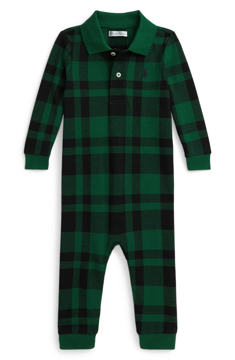 Ralph Lauren Plaid Cotton Romper, Main, color, Green Multi