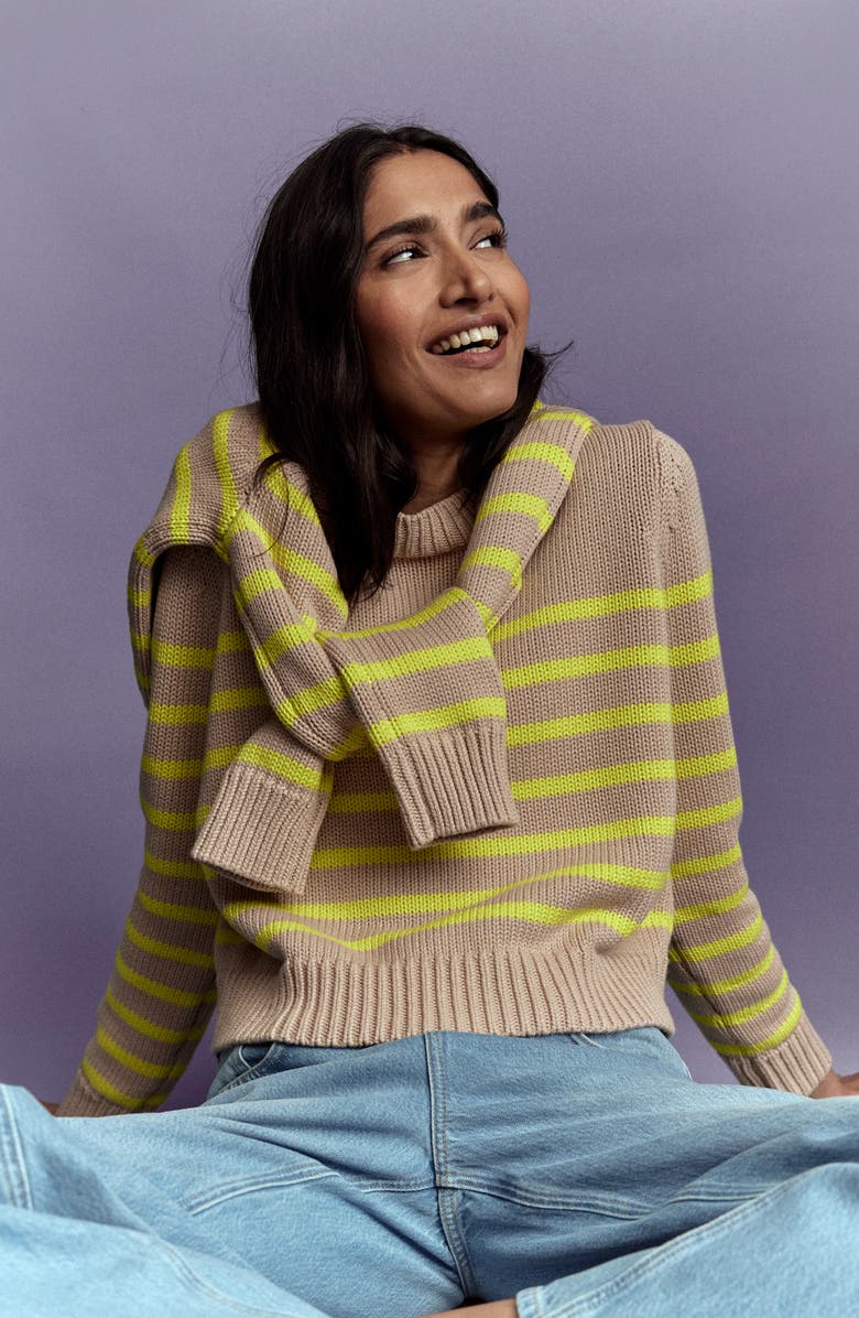 Boden Lucy Stripe Chunky Crop Cotton Sweater, Alternate, color, Camel Melange, Ivory Stripe