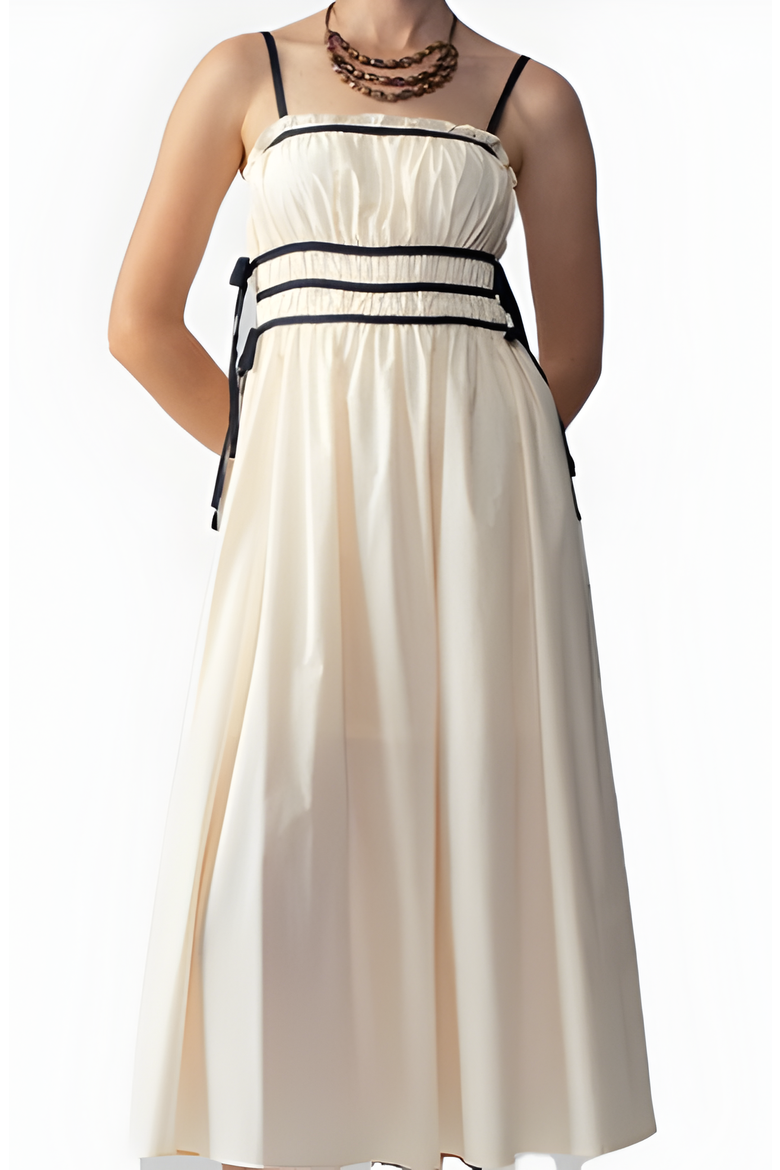 Smocked Waist Midi Dress with Contrast Trim and Spaghetti Straps, Alternate, color, Ivory / Black