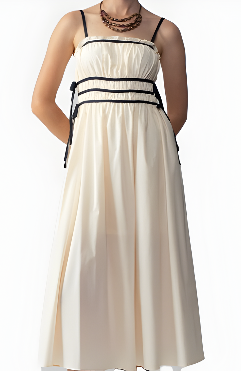 Modenaire Smocked Waist Midi Dress with Contrast Trim and Spaghetti Straps, Alternate, color, Ivory / Black