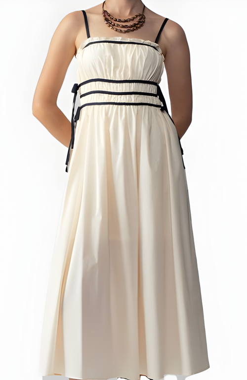 Modenaire Smocked Waist Midi Dress With Contrast Trim And Spaghetti Straps In Multi