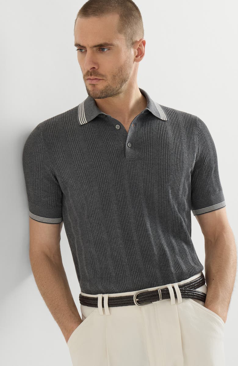 Brunello Cucinelli Cotton textured rib knit polo, Alternate, color, Anthracite