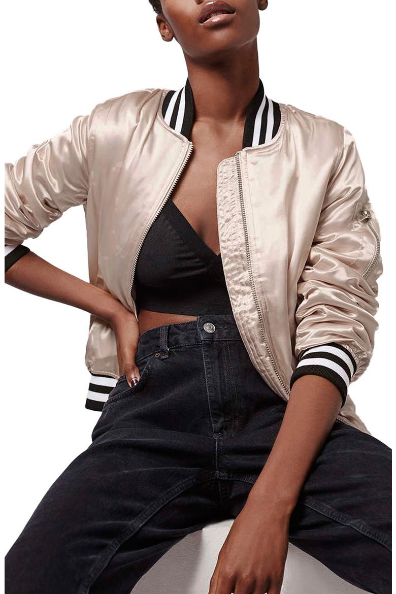 'MA1' Shiny Bomber Jacket, Main, color, PALE PINK MULTI