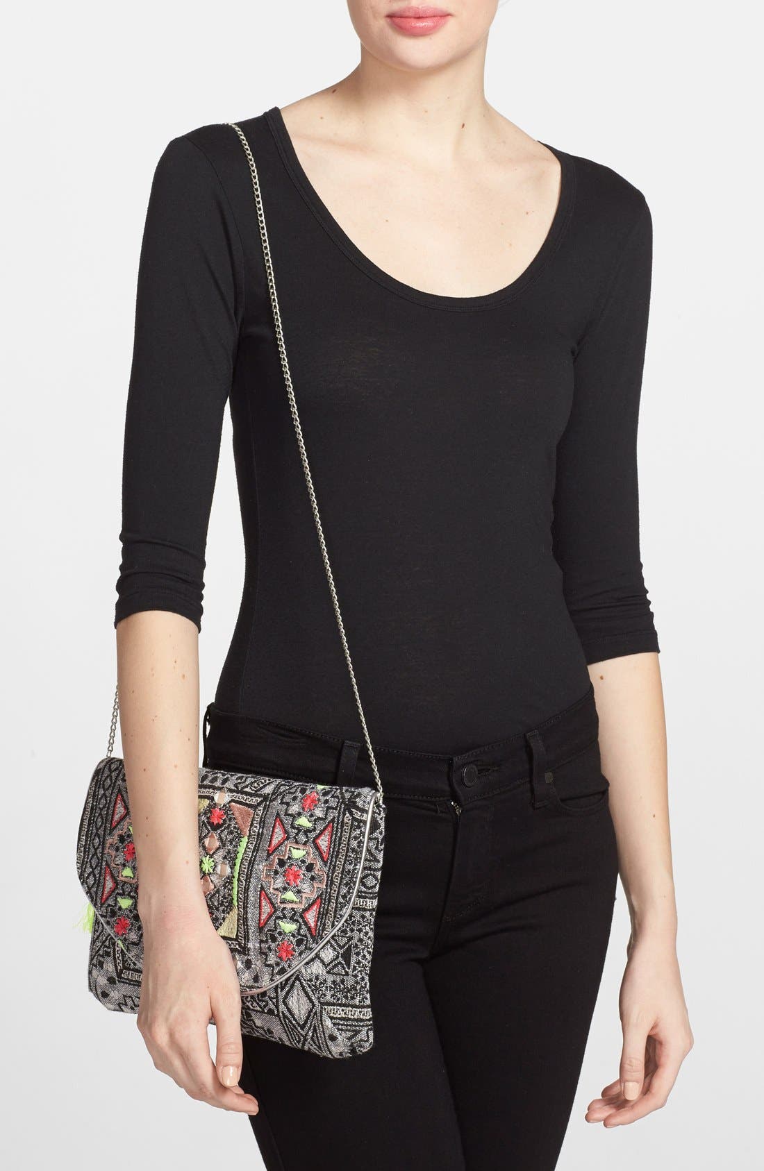 Metallic Embroidered Clutch with Tassel, Alternate, color, MULTI