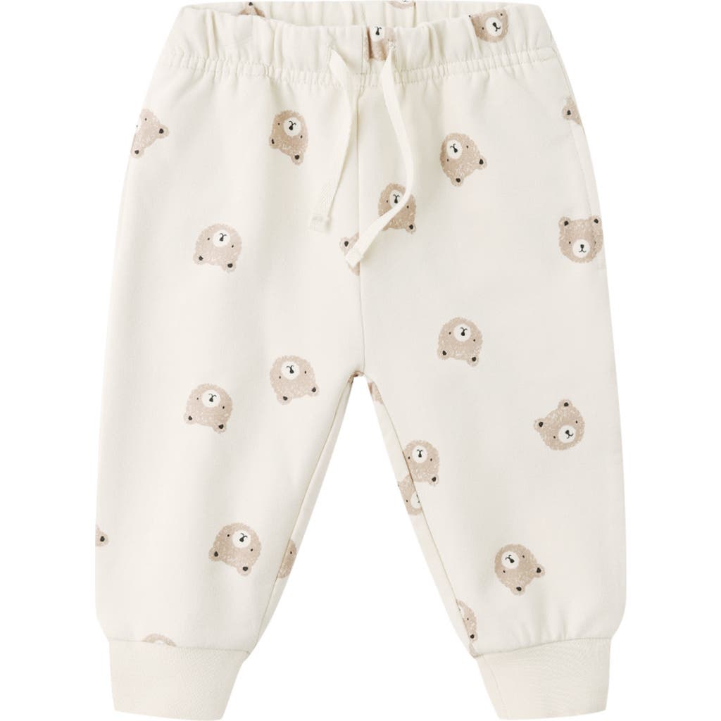 Quincy Mae Brown Bear Print Relaxed Stretch Organic Cotton Sweatpants In White