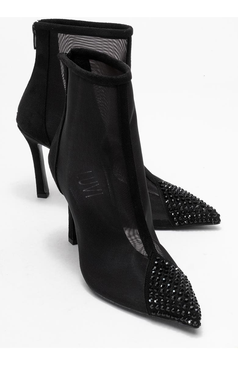 Prologue Shoes Farella Mesh Embellished Back-Zip Bootie, Alternate, color, Black Suede Faux Leather