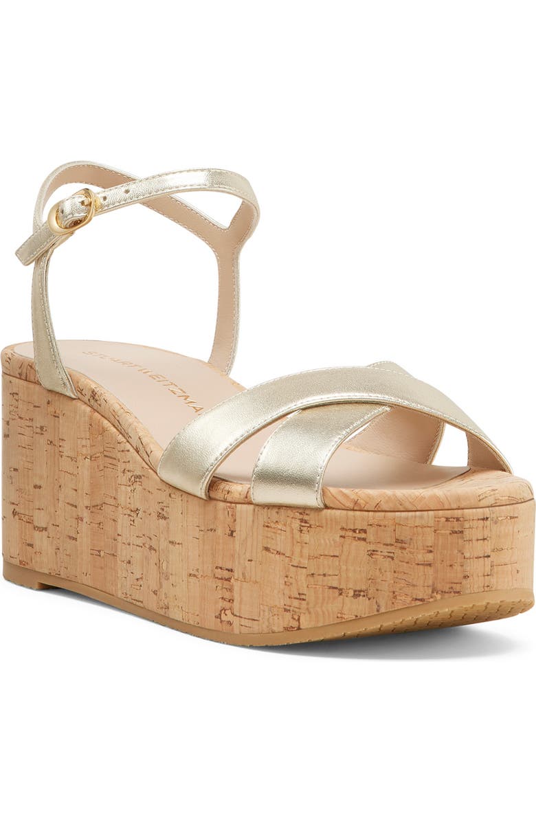 Stuart Weitzman Dayna Ankle Strap Platform Wedge Sandal, Main, color, Light Gold