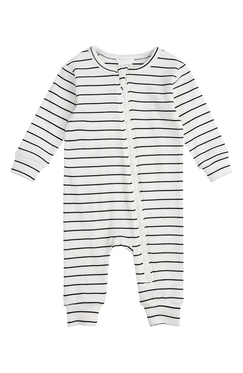 FIRSTS by Petit Lem Stripe Organic Cotton Blend Rib Fitted Pajama Romper, Main, color, 