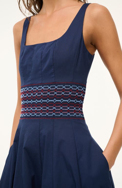Staud Rig Embroidered Smocked Waist Stretch Cotton Sundress