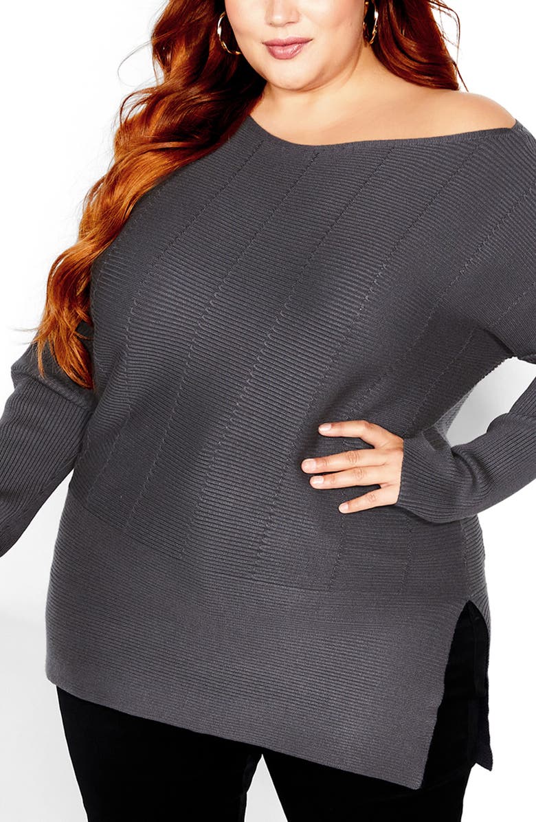 City Chic Madeleine Off-the-Shoulder Knit Top, Main, color, Smoke