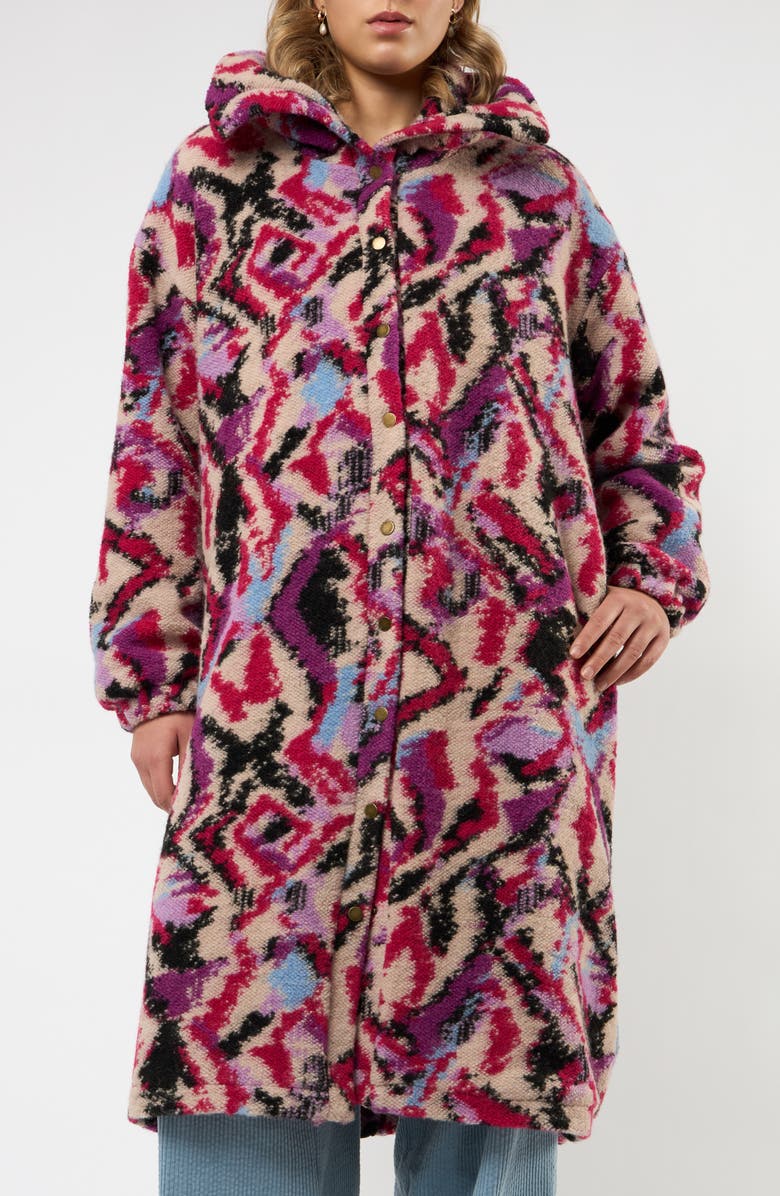 Viens Avec Moi The Aurora Abstract Print Wool Blend Coat, Main, color, Pink