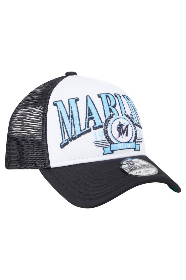 Men's New Era  Black Miami Marlins Distressed 9FORTY A-Frame Adjustable Trucker Hat, Alternate, color, Black