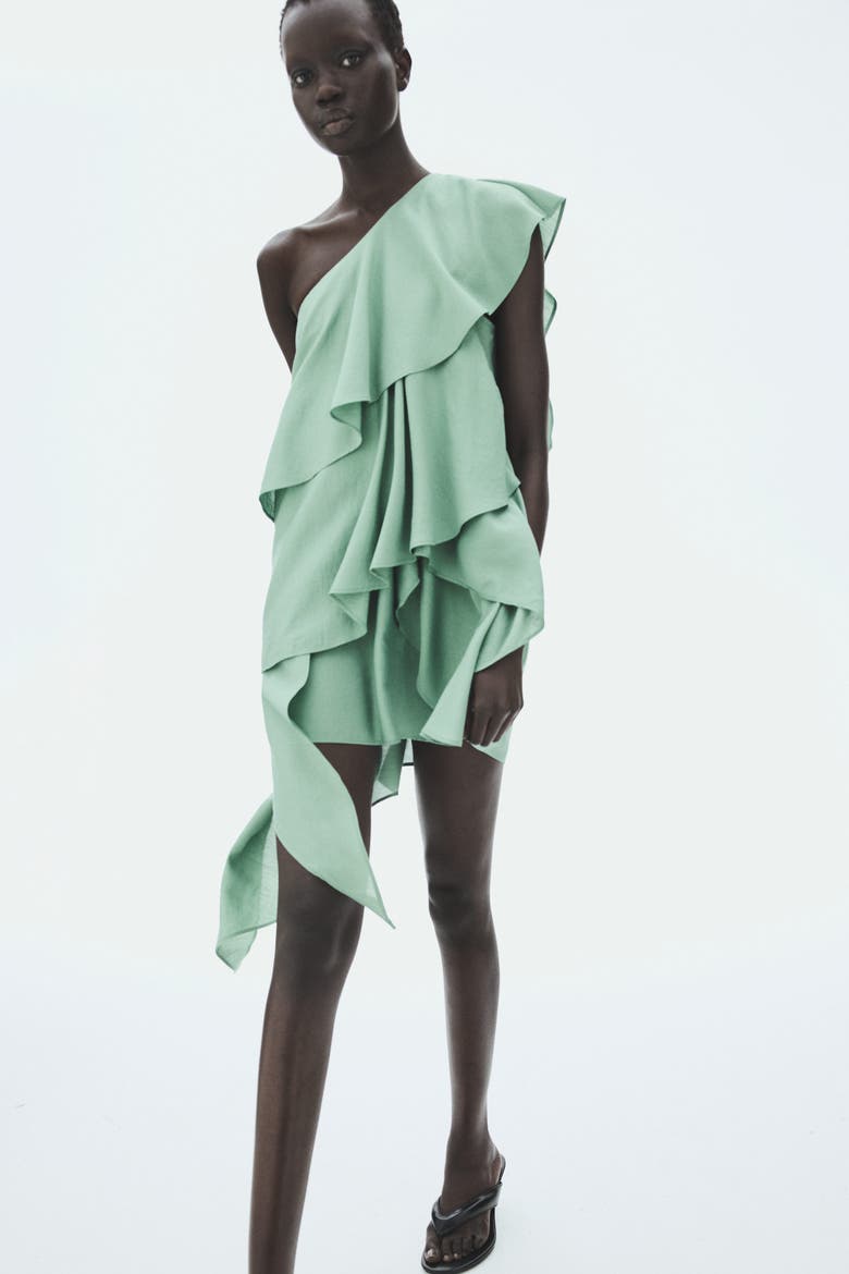 Flounced One-shoulder Dress, Alternate, color, Dusty green