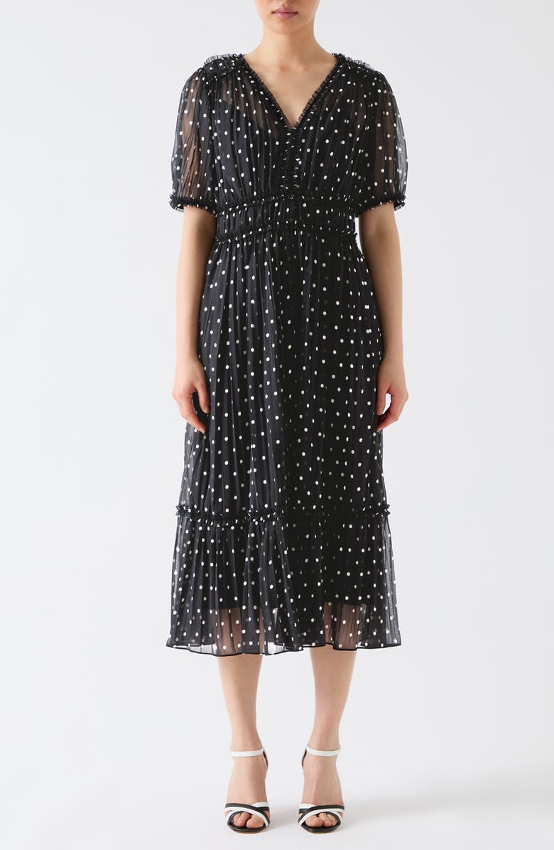 LK Bennett Gigi Polka Dot Short Sleeve Pleated Chiffon Midi Dress, Main, color, 